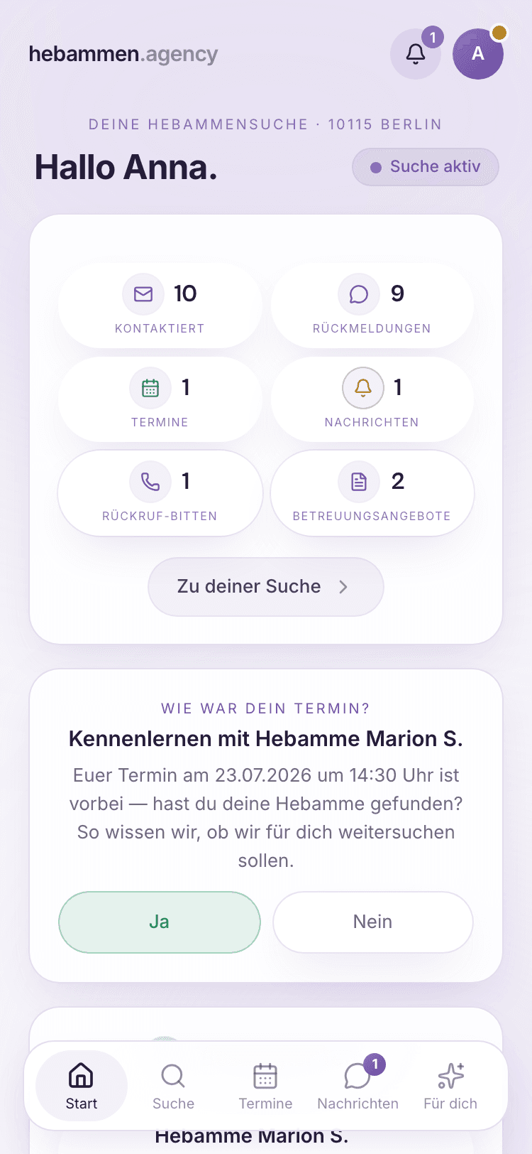 Prawdziwy panel klientki hebammen.agency: aktywne poszukiwanie ze statystykami kontaktów i potwierdzonym terminem spotkania zapoznawczego (dane przykładowe)